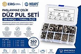 ERG MİDAPO 304 Paslanmaz Çelik Düz Pul Seti 360 Parça 7 Farklı Ölçü Kutulu