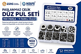 MİDAPO ERG 304 Paslanmaz Çelik Düz Pul (Rondela) Seti 900 Parça 9 Farklı Ölçü Kutulu