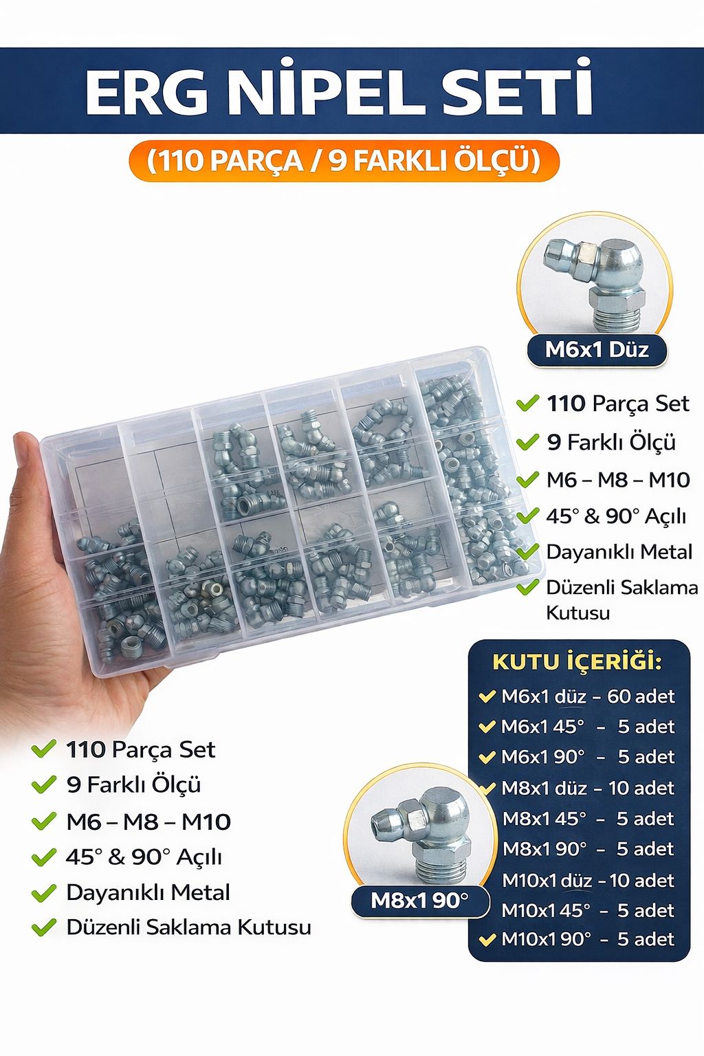 ERG GRES NİPEL SETİ 110 PARÇA M6X1 DÜZ M8 M10