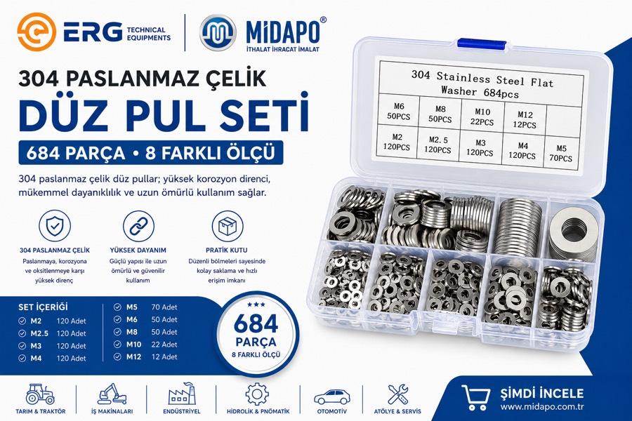 ERG MİDAPO 684 Parça 304 Paslanmaz Çelik Pul Seti M2-M12 Organizer Kutulu