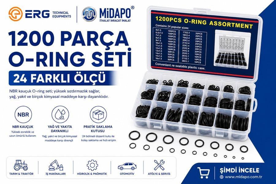 ERG Midapo 1200 Parça NBR O-Ring Conta Seti 24 Farklı Ölçü Kutulu
