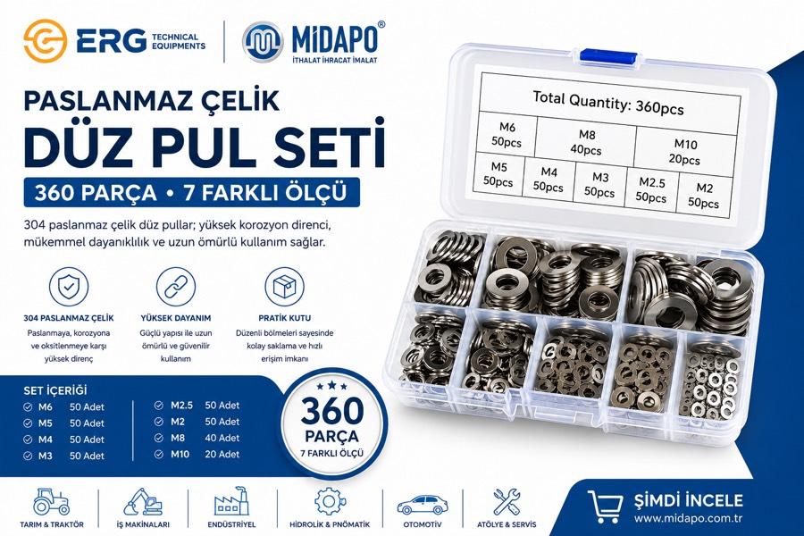 ERG MİDAPO 304 Paslanmaz Çelik Düz Pul Seti 360 Parça 7 Farklı Ölçü Kutulu